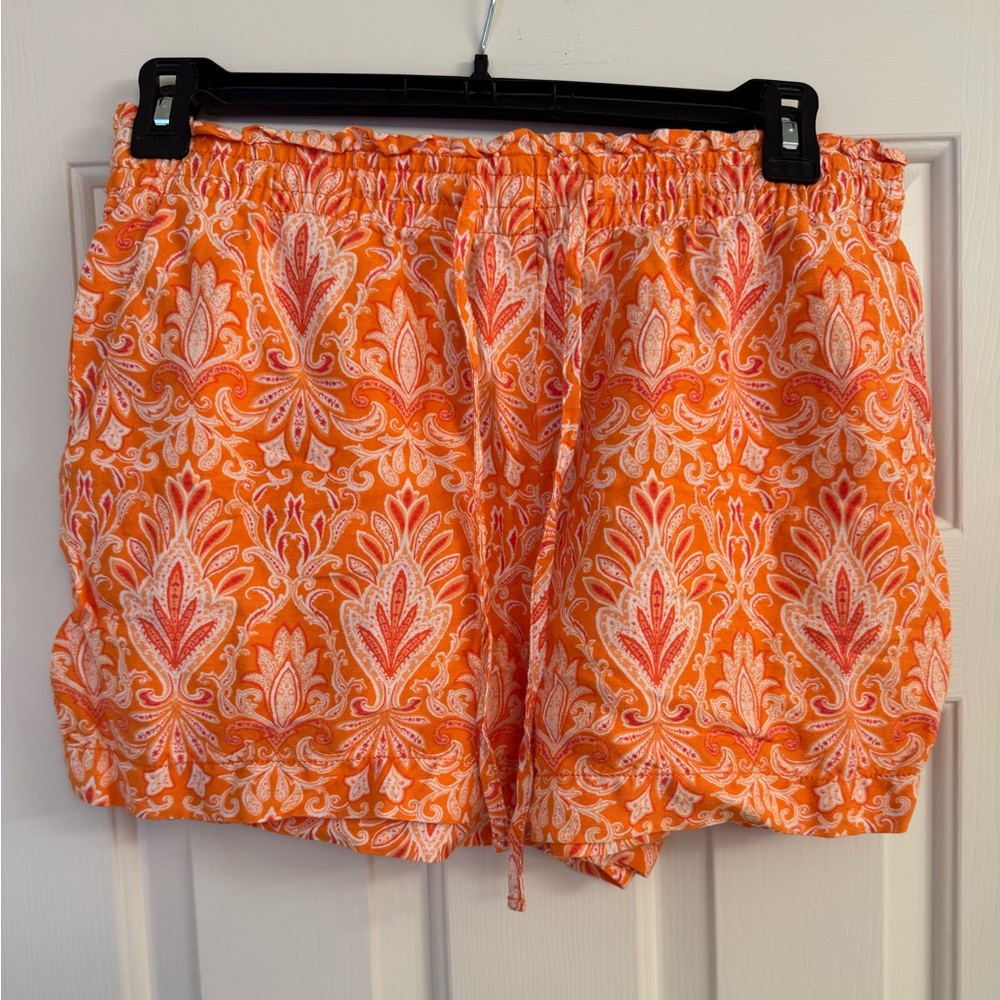 Pull-On Linen Blend Orange Paisley Women's Shorts